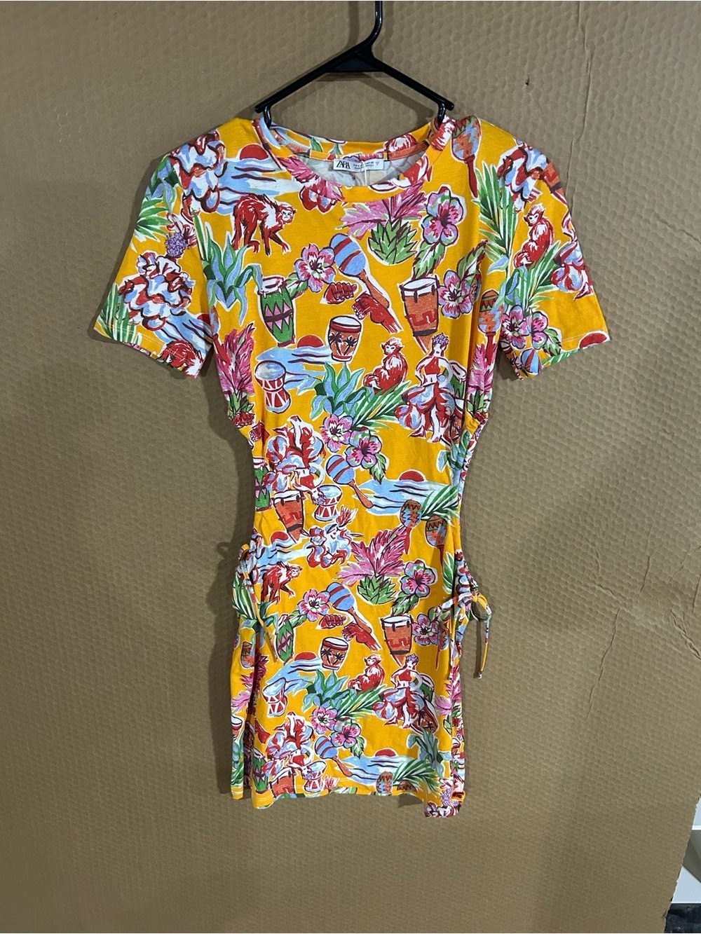 Zara Yellow Tropical-Print Short Wrap Mini Dress
